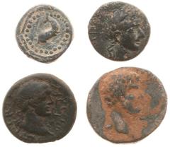 Ancient coins in lots - A lot with 3 ancient coins including an AE of Colonia Filippi, an AE Abgar VIII (?) etc., all avg. F/VF - added a lead token (whale/rowing galley)