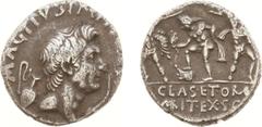 Roman Imperial Coinage - Sextus Pompey (+35 BC) - AR Denarius (Sicily 37-36 BC, 3.72 g) - MAG PIVS IMP ITER Head of Cn. Pompeius Magnus right, behind jug and before, lituus / PRAEF Neptune standing le