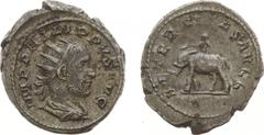 Roman Imperial Coinage - Philippus I Arabs (244-249) - AR Antoninianus (Rome 248 AD, 5.49 g) - Radiate, draped and cuirassed bust right / AETERNITAS AVGG Elephant walking left ridden by mahout (RIC 58