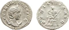 Roman Imperial Coinage - Herennia Etruscilla - AR Antoninianus (Rome AD 250, 4.06 g) - Draped bust right wearing stephane, set on crescent / Pudicitia seated left (RIC 59b / RSC 19) - a.XF