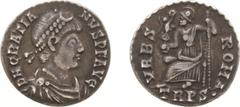 Roman Imperial Coinage - Gratianus (367-383) - AR Siliqua (Treveri AD 368-375, 1.77 g) - Diademed, draped and cuirassed bust right / VRBS ROMA Roma seated left on throne holding Victoria on globe and 