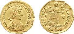 Roman Imperial Coinage - Valentinianus III (425-455) - AV Solidus (Ravenna AD 430-445, 4.39 g) - DN VALENTINIANVS PF AVG Rosette-diademed, draped and cuirassed bust right / VICTORIA AVGGG Valentinianu