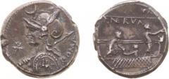 Roman Republic Coinage - Later-Denarius Coinage (ca. 154-41 BC) - P. Licinius Nerva - AR Denarius (Rome 113 or 112, 3.87 g) - Helmeted bust of Roma left holding shield in left hand and spear over shou