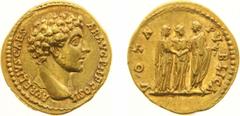 Roman Imperial Coinage - Marcus Aurelius (161-180) - AV Aureus (Rome AD 145-146, 7.22 g) - AVRELIVS CAESAR AVG PII F COS II Bare head right / VOTA PVBLICA Marcus Aurelius, on right, and Faustina Junio