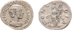Roman Imperial Coinage - Aquilia Severa (221) - AR Denarius (Rome AD 221, 2.68 g) - Draped bust right / Concordia standing left, holding patera over altar and double cornucopia (star in right field) (