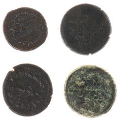 Ancient coins in lots - Lot of 4 coins. PTOLEMAIC KINGS of EGYPT. Ptolemy III Euergetes. 246-222 BC. 3x AE Hemiobol Salamis (Cyprus) mint. Head of Zeus-Ammon / Cult statue of Aphrodite Cypria (SNG Cop