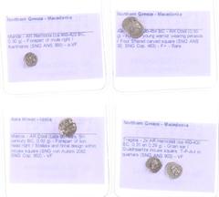 Ancient coins in lots Ancient coins in lots - A small lot with Greek silver coins: 2 x Hemiobol of Tragilos, an AR Obol of Miletos, a Hemiobol of Mende and an Obol of Alexander I of Macedonia - totall