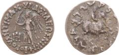 Ancient coinage Hellenistic Monarchies - Baktrian and Indo-Greek Kingdoms - Antimachos (ca. 171-160 BC) - AR Drachm (Pushkalavati, 2.44 g) - Winged Nike standing left / Horseman galloping right (MACW 