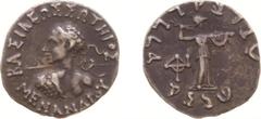 Ancient coinage Hellenistic Monarchies - Baktrian and Indo-Greek Kingdoms - Menander (ca. 160-145 BC) - AR Drachm (Pushkalavati, 2.44 g) - Diademed bust left, thrasting javelin / Pallas faces right (M