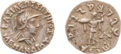 Ancient coinage Hellenistic Monarchies - Baktrian and Indo-Greek Kingdoms - Menander (ca. 160-145 BC) - AR Drachm (Pushkalavati, 2.44 g) - Helmeted bust right / Pallas standing left (MACW 1780) - VF+