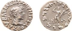 Ancient coinage Hellenistic Monarchies - Baktrian and Indo-Greek Kingdoms - Lysias (ca. 145-135 BC) - AR Drachm (Pushkalavati, 2.45 g) - Bust wearing elephant scalp right / Hercules standing facing (M