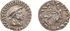 Ancient coinage Hellenistic Monarchies - Baktrian and Indo-Greek Kingdoms - Antialkidas (145-135 BC) - AR Drachm (Pushkalavati, 2.52 g) - Bust wearing a flat kausia to right / Zeus enthroned left, in 