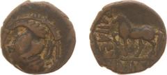 Ancient coinage Hellenistic Monarchies - Baktrian and Indo-Greek Kingdoms - Heliokles (ca. 145-130 BC) - AE Drachm (Balkh, ca. 100 BC - AD 50, 4.01 g) as a Heliocles' imitation - Diademed bust right /