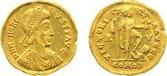 Ancient coinage Roman Imperial Coinage - Honorius (393-423) - AV Solidus (Ravenna, 4.45 gram) - Pearl-diademed, draped and cuirassed bust right / VICTORIA AVGGG Honorius standing right holding crownin