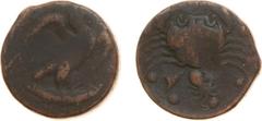 Ancient coinage Sicily - Akragas - AE Hemilitron (ca. 425-406 BC, 21.32 g) - Eagle standing, head upward, holding fish in claws / Crab with fish with pincers, octopus and shell below, six pellets arou