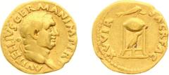 Ancient coinage Roman Imperial Coinage - Vitellius (69) - AV Aureus (Rome ca. April-December AD 69, 7.08 g) - A VITELLIVS GERMAN IMP TRP Laureate head right / XV VIR SACR FAC Tripod-lebes, surmounted 