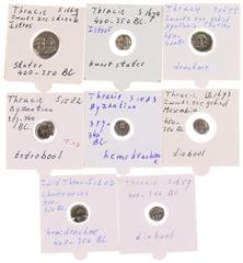 Ancient coins in lots Ancient coins in lots - A small collection siver coins of Thrace: Istros (Stater), Apollonia Pontica (Drachm and a Diobol), Byzantion (Hemidrachm and a Tetrobol), Mesembria (Diob