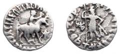 Ancient coinage Hellenistic Monarchies - The Indo-Scythian Kingdom - Azilises (ca. 57-35 BC) - AR drachm (2.27 g.), Scythian king advancing on horseback to r. , monogram to r. / Helmeted and bearded m