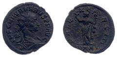 Ancient coinage Roman Imperial Coinage - Carus (282-283) - AE Antoninianus (Ticinum AD 282-283, 4.06 g) - IMP KARVS (!) PF AVG Radiate and cuirassed bust right / PAX EXERCITI Pax standing left, holdin