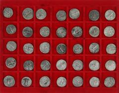 Ancient coins in lots Ancient India - Indo-Scythians, AR tetradrachms, Azilises, c.57-35 BC, King mounted with spear / city deity, (Senior type 56 [21]), Azes (I), c.57-35 BC, King mounted with spear 