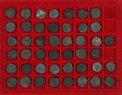 Ancient coins in lots Ancient India - Kushan Empire, Huvishka, c.158-195AD, AE unit (20), King on couch / deity (MAC.3225+); same, (24), King cross-legged / deity (MAC.3246+); added: Indo-Scythian, Az