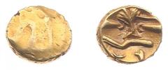 Ancient coinage Celts - Britain - Gallo-Belgic imports / Morini - AV 1/4 stater (c. 60-25 BC, 1.47 g) - Boat with two masts (or stylized standing figures) / Tree-like object above curved line (DT 249 