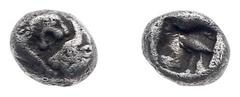 Ancient coinage Asia Minor - Lydia - Kings of Lydia / Kroisos - AR 1/12 Stater (Sardes c. 550-546 BC, 0.83 g) - To right confronted foreparts of lion, to left, bull / Square punch (SNG von Aul. 2880 =
