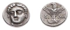 Ancient coinage Asia Minor - Paphlagonia - Sinope - AR Trihemiobol (c. 330-300 BC, 1.46 g) - Head of Sinope facing slightly left / Eagle flying upward, head turned left (HGC 7, 396) - VF