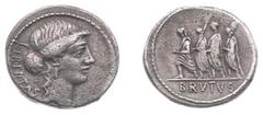 Ancient coinage Later-Denarius Coinage (ca. 154-41 BC) - Marcus Junius Brutus, moneyer (54 BC) - AR Denarius (Rome, 3.71 g) -LIBERTAS Head of Libertas right, wearing pendant earring and pearl necklace