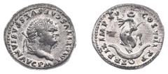 Ancient coinage Roman Imperial Coinage - Titus (69-81) - AR Denarius (Rome AD 80, 2.74 g) - IMP TITVS CAES VESPASIAN AVG PM Laureate head of Titus facing right / TRP IX IMP XV COS VIII PP Dolphin coil