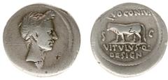Coinage of Julius Caesar, the Triumvirs and their adherents - Julius Caesar (+44 BC) Q. Voconius Vitulus - AR Denarius (Rome AD 40 (?, or later), 3.54 g) - Laureate head of Julius Caesar right / Q VOC