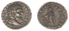 Roman Imperial Coinage Pertinax (193) - AR Denarius (Rome, 3.13 g) - IMP CAES P HELV PERTIN AVG Laureate, bearded head right / VOT DECEN TR P COS II Emperor, togate and veiled standing left, holding p