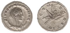 Roman Imperial Coinage Mariniana (Wife of Valerianus I) - AR Antoninianus (Rome, struck under Valerianus I, 2.96 g) - DIVAE MARINIANAE Veiled and draped bust right, set upon crescent / CONSECRATIO Mar