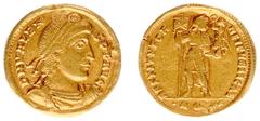 Roman Imperial Coinage Valens (364-378 n.Chr.) - AV Solidus (Rome AD 364/367, 4.33 g) - DN VALENS PF AVG Draped, cuirassed and pearl-diademed bust right / RESTITVTOR REIPVBLICAE Emperor standing facin