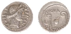 Collection Jeroen van der Meulen Julius Caesar (+44 BC) - AR Denarius (uncertain mint (Ultica?) c. AD 46, 4.01 g) - COS TERT DICT ITER Head of Ceres right wearing wreath of barley / AVGVR Culullus, as