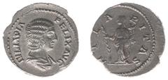 Collection Jeroen van der Meulen Julia Domna (+217) - AR Denarius (uncertain mint, probably after AD 211, 3.52 g) – IVLIA PIA FELIX AVG Draped bust right / HILARITAS Hilaritas standing left holding lo