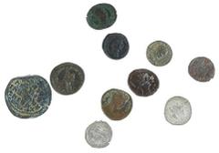 Ancient coins in lots - Roman coinage Roman coinage - A small collection of ancient coinage including 3 Antoniniani (Traianus Decius, Postumus and Gallienus, 2 Folles (Theodosius I and Maximianus), a 