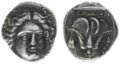 Ancient coinage / Greece Greece - Islands off Caria - Rhodos / Rhodes - AR Tetradrachm (c 404-385 BC, 15.24 g) - Chian standard - Head of Helios facing slightly right / Rose, in profile, bud to left, 
