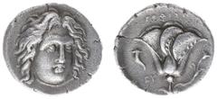 Ancient coinage / Greece Greece - Islands off Caria - Rhodos / Rhodes - AR Didrachm (c 400-330 BC, 6.55 g) - Three-quarter facing head of Helios, slightly right / ΡΟΔΙΟΝ Rose with bud to right, cornuc