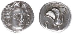 Ancient coinage / Greece Greece - Islands off Caria - Rhodos / Rhodes - AR Didrachm (c 300-250 BC, 6.75 g) - Three-quarter facing head of Helios, slightly right / Rose with bud to right, bunch of grap