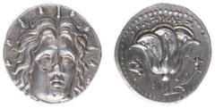 Ancient coinage / Greece Greece - Islands off Caria - Rhodos / Rhodes - AR Didrachm (c 304-189 BC, 6.71 g) - EPAΣΙΚΛΗΣ, magistrate - Three-quarter facing radiate head of Helios, slightly right / Rose 