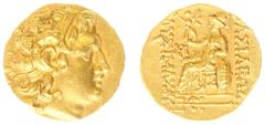 Ancient coinage / Kingdom of Thrace Kingdom of Thrace - Lysimachos (323-281 BC) - AV Stater (Istros c 200-150 BC, 8.59 g) - In the name and types of Lysimachos of Thrace - Diademed head of the deified