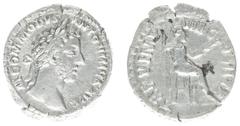 Roman Imperial Coinage Commodus (177-192) - AR Denarius (Rome AD 180, 3.47 g) - M COMMODVS ANTONINVS AVG Laureate head right / TR P V IMP IIII COS II P P Roma seated right, holding spear and parazoniu