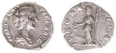 Roman Imperial Coinage Manlia Scantilla (Wife of Didius Julianus) - AR Denarius (Rome AD 193, 2.97 g) - MANL SCANTILLA AVG, draped bust right / IVNO REGINA, Juno standing left holding patera with righ