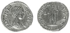 Roman Imperial Coinage Plautilla (202-205) - AR Denarius (Rome AD 202, 3,25 g) - PLAVTILLA AVGVSTA, draped bust right / CONCORDIA AVGG, Concordia standing left holding patera in right hand and sceptre