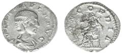 Roman Imperial Coinage Julia Paula (219-220) - AR Denarius (Rome AD 220, 2,75 g) - IVLIA PAVLA AVG, draped bust right / CONCORDIA, Concordia seated left, holding patera and resting left arm on armrest