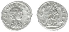 Roman Imperial Coinage Julia Paula (219-220) - AR Denarius (Rome AD 220, 2.53 g) - IVLIA PAVLA AVG, draped bust right / CONCORDIA, Concordia enthroned left , holding patera in right hand and resting l