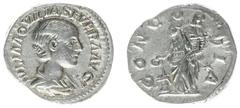 Roman Imperial Coinage Aquilia Severa (221) - AR Denarius (RomeAD 221, 2,66 g) - IVLIA AQVILIA SEVERA AVG, draped bust to right / CONCORDIA, Concordia, standing to left, sacrificing out of patera over