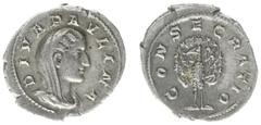 Roman Imperial Coinage Paulina - AR Denarius (Rome AD 235-36, 2.77 g) - DIVA PAVLINA, veiled and draped bust right / CONSECRATIO, peacock standing facing, its tail in splendour, head right (RIC 1, BMC