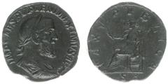 Roman Imperial Coinage Pupienus (238) - AE Sestertius (Rome AD 238, 15.89 g) - IMP CAES PVPIEN MAXIMVS AVG, laureate, draped and cuirassed bust right / PAX PVBLICA, Pax seated left, holding olive-bran